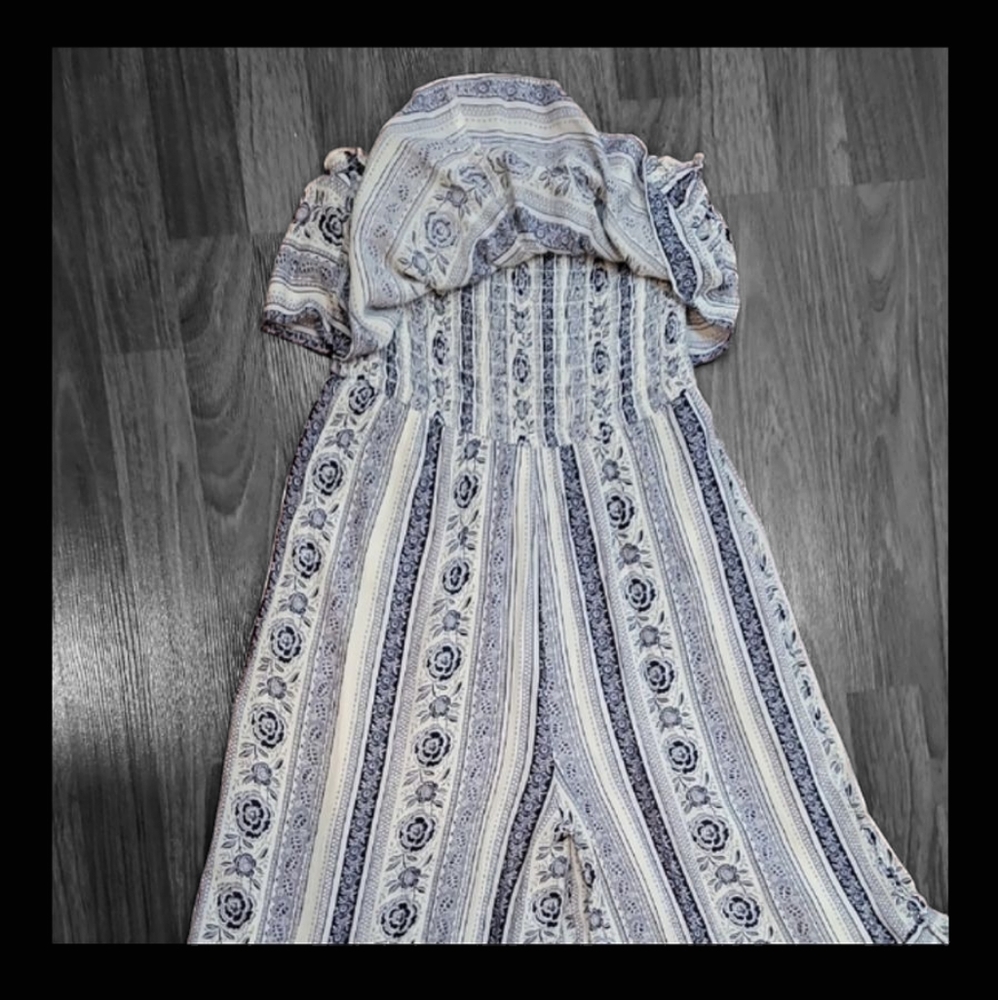 American Eagle Blue White Floral Jumpsuit Ruffle Bodice Strapless Girlhood-Core - Picture 5 of 16